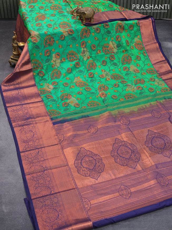 Bangalori silk saree green and navy blue with allover kalamkari prints & copper zari woven buttas