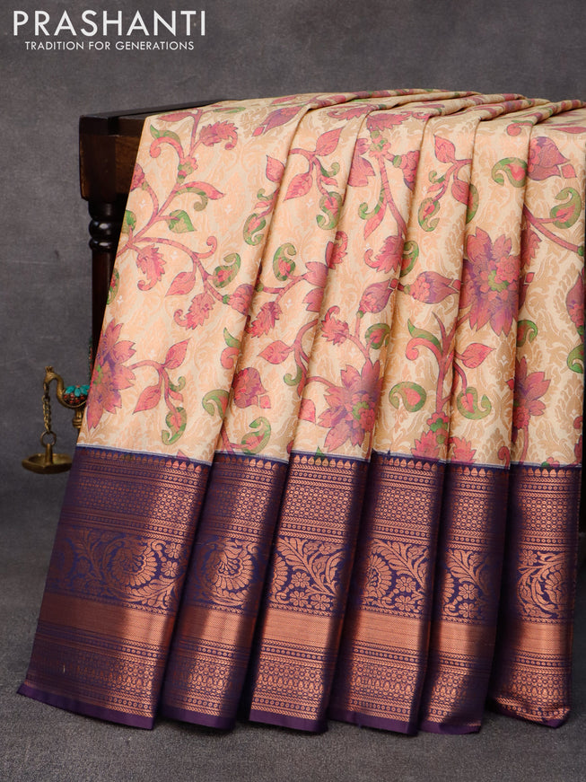 Bangalori silk saree cream and deep violet with allover kalamkari prints & copper zari weaves and long copper zari woven border