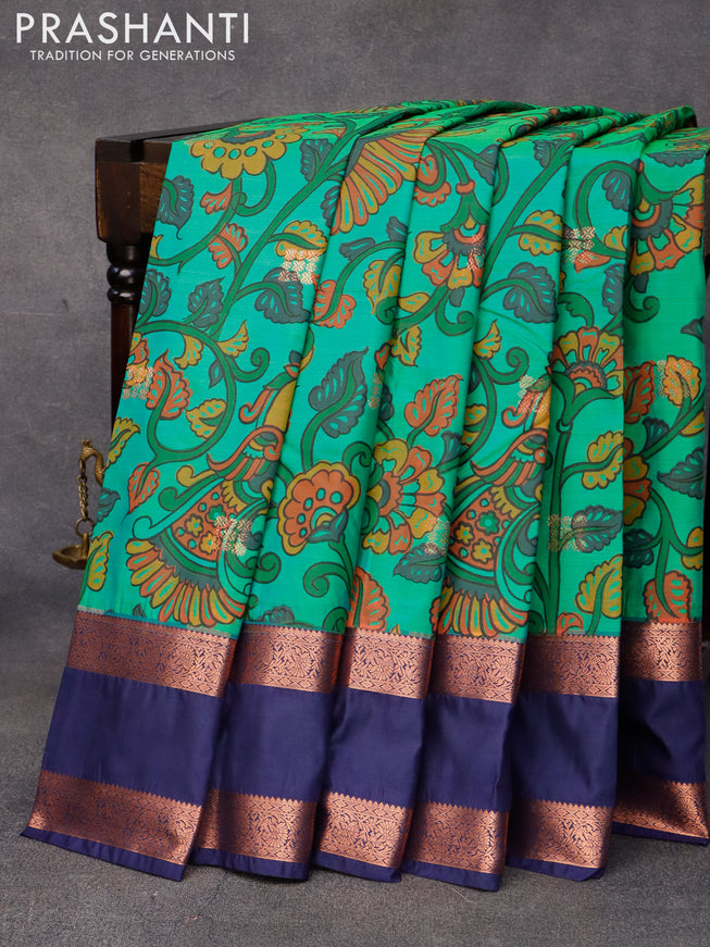 Bangalori silk saree green and navy blue with allover kalamkari prints & copper zari woven buttas and rettapet copper zari woven border