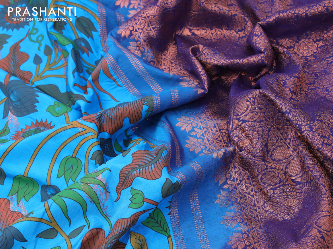 Bangalori silk saree cs blue and navy blue with allover kalamkari prints & copper zari woven buttas and long copper zari woven border