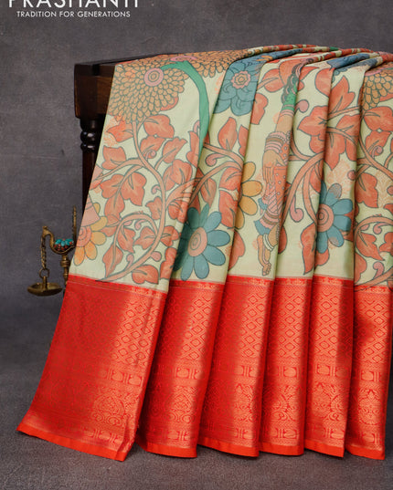 Bangalori silk saree pastel green and red with allover kalamkari prints & copper zari woven buttas and long copper zari woven border