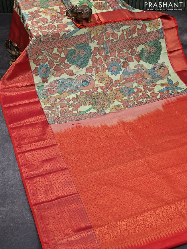 Bangalori silk saree pastel green and red with allover kalamkari prints & copper zari woven buttas and long copper zari woven border