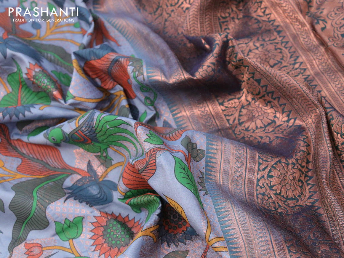 Bangalori silk saree grey shade and dark bottle green with allover kalamkari prints & zari weaves and long copper zari woven border