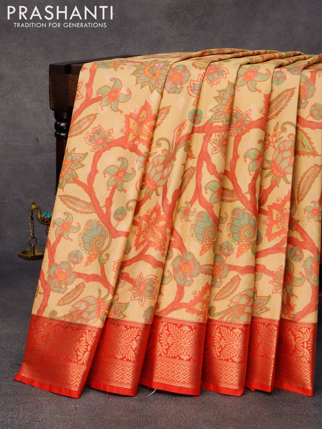Bangalori silk saree pastel yellow and red with allover kalamkari prints & zari weaves and zari woven border