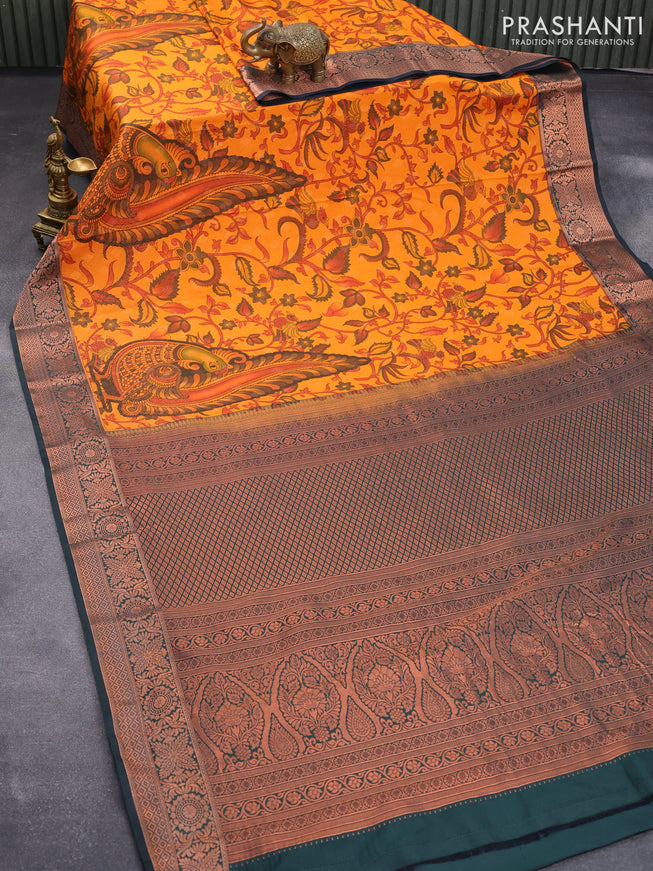Bangalori silk saree sunset yellow and dark bottle green with allover kalamkari prints & zari weaves and zari woven border
