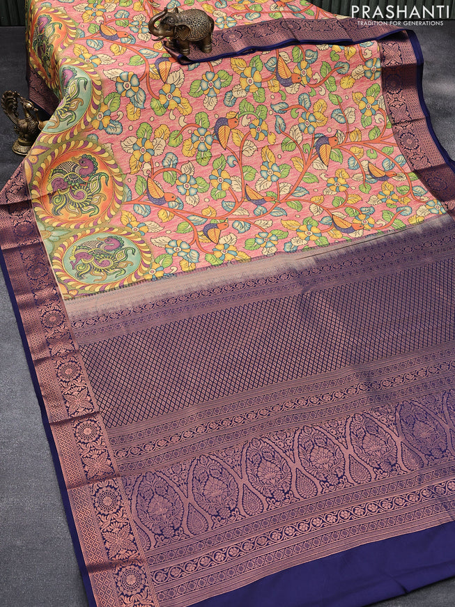 Bangalori silk saree pink shade and navy blue with allover kalamkari prints & zari weaves and zari woven border