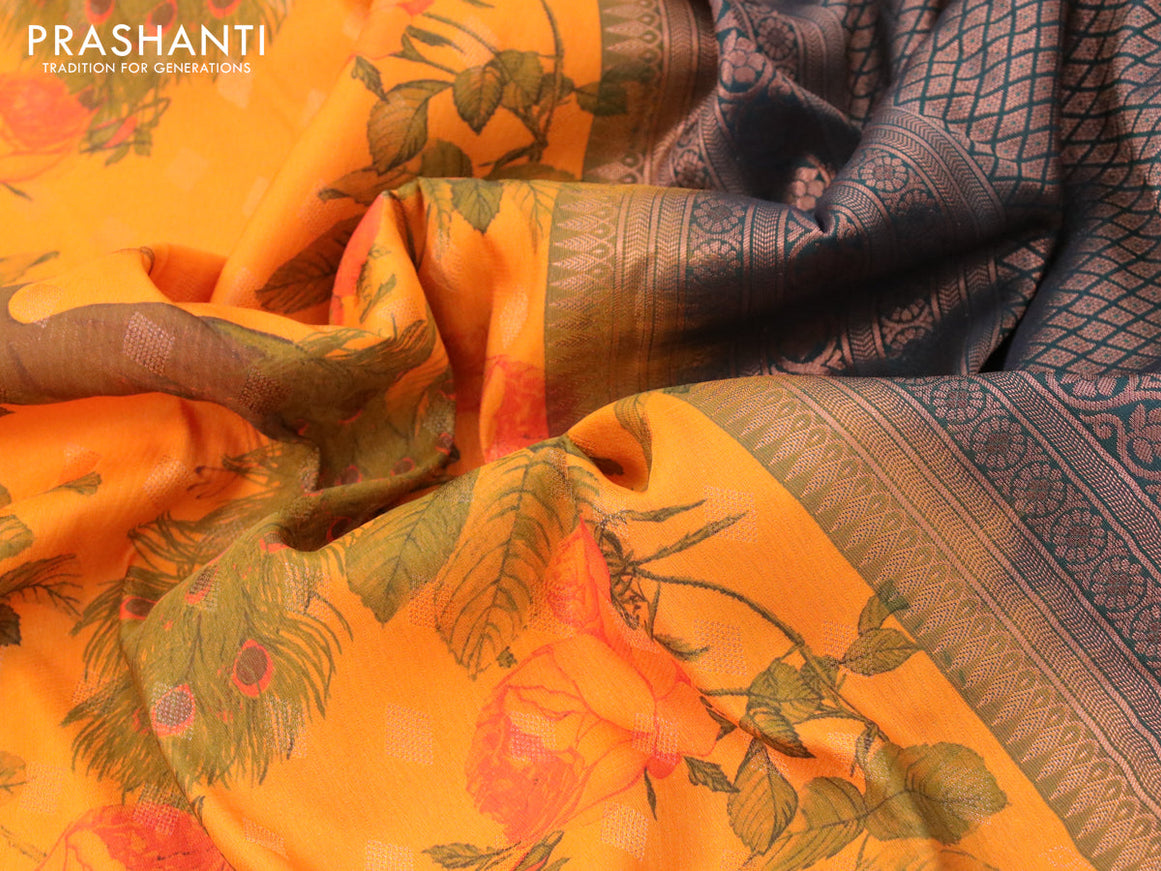 Bangalori silk saree mango yellow and dark bottle green with allover kalamkari prints & zari weaves and zari woven border