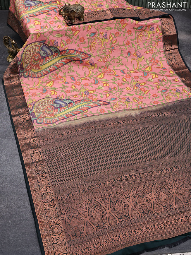 Bangalori silk saree pink shade and dark bottle green with allover kalamkari prints & zari weaves and zari woven border