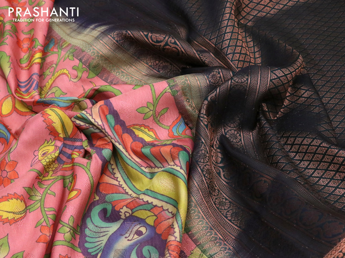 Bangalori silk saree pink shade and dark bottle green with allover kalamkari prints & zari weaves and zari woven border
