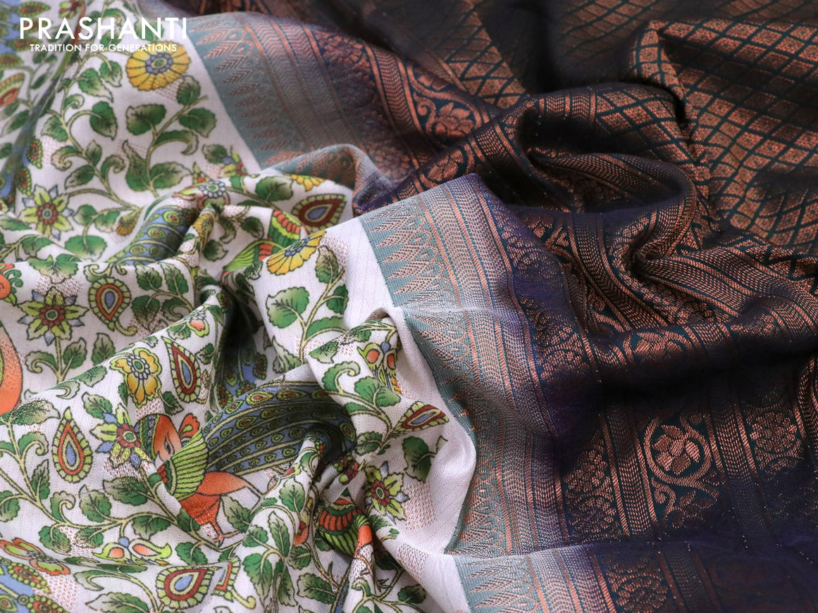 Bangalori silk saree off white and dark bottle green with allover kalamkari prints & zari weaves and zari woven border