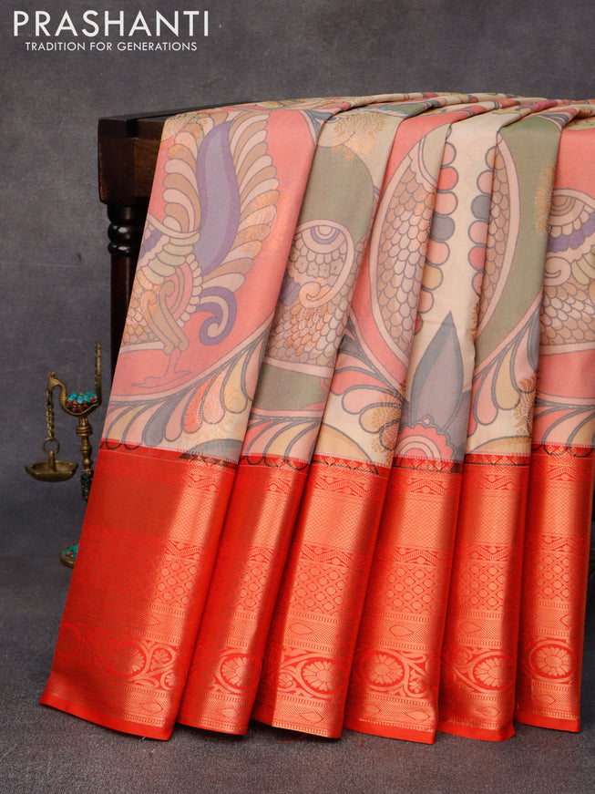 Bangalori silk saree beige and red with allover kalamkari prints & zari woven buttas and long zari woven border