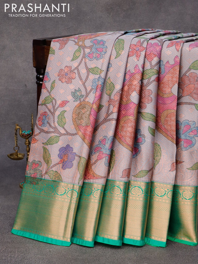 Bangalori silk saree grey and light green with allover kalamkari prints & zari weaves and zari woven border