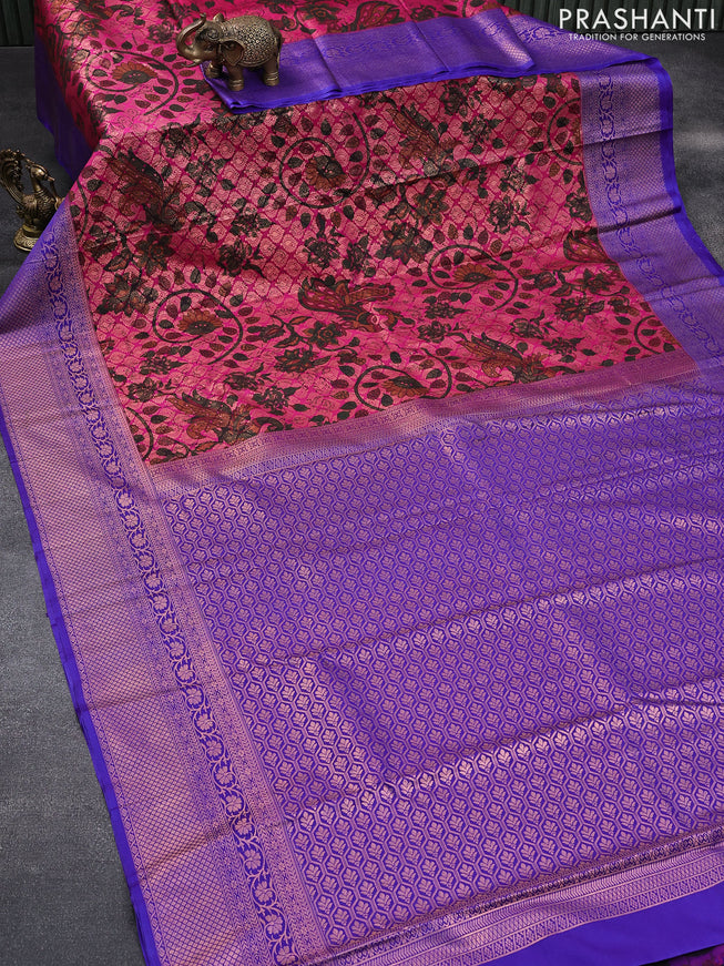 Bangalori silk saree pink and blue with allover kalamkari prints & zari weaves and zari woven border
