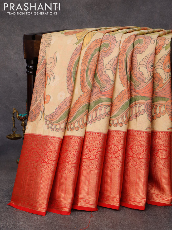 Bangalori silk saree cream and red with allover kalamkari prints & zari weaves and long zari woven border