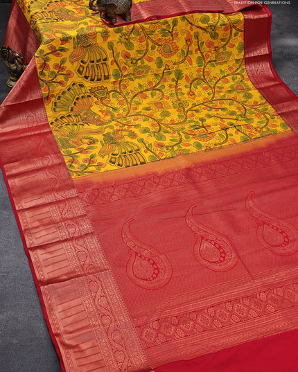 Bangalori silk saree mango yellow and red with allover kalamkari prints & zari weaves and long zari woven border