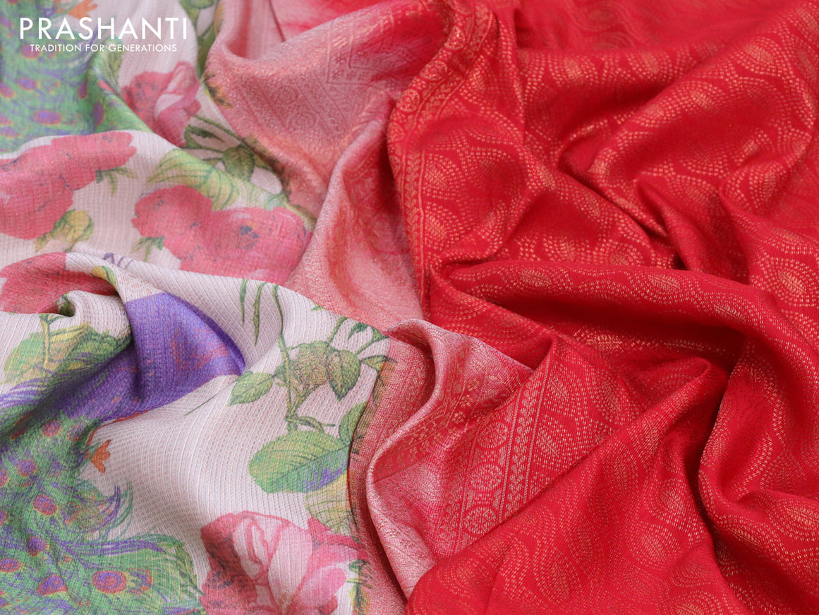 Bangalori silk saree cream and red with allover kalamkari prints & copper zari weaves and long copper zari woven border