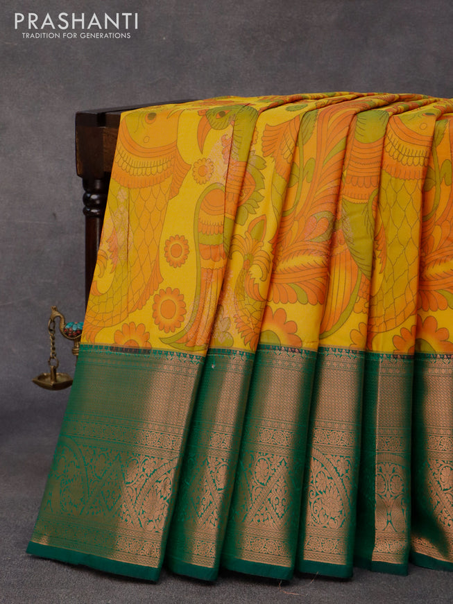 Bangalori silk saree mango yellow and bottle green with allover kalamkari prints & zari woven buttas and long zari woven border