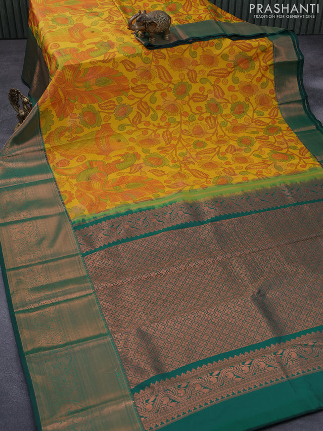 Bangalori silk saree mango yellow and bottle green with allover kalamkari prints & zari woven buttas and long zari woven border