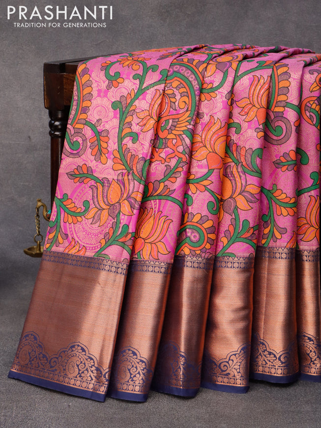 Bangalori silk saree purple and navy blue with allover kalamkari prints & zari weaves and long zari woven border