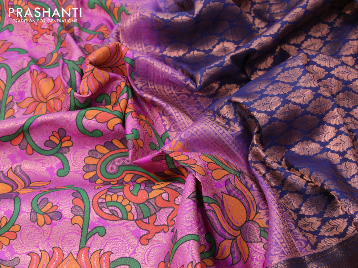 Bangalori silk saree purple and navy blue with allover kalamkari prints & zari weaves and long zari woven border