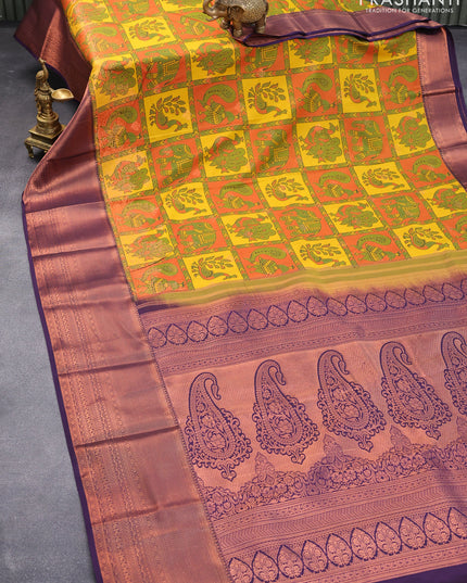 Bangalori silk saree orange yellow and deep violet with allover kalamkari prints & zari weaves and long zari woven border