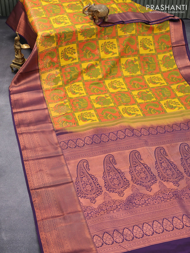 Bangalori silk saree orange yellow and deep violet with allover kalamkari prints & zari weaves and long zari woven border