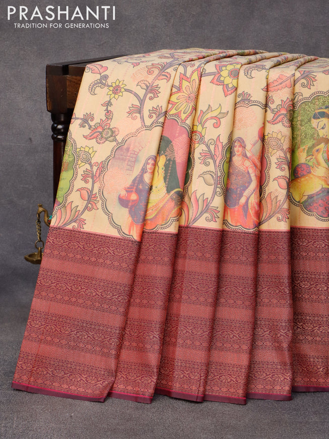 Bangalori silk saree beige and wine shade with allover kalamkari prints & zari weaves and long zari woven border