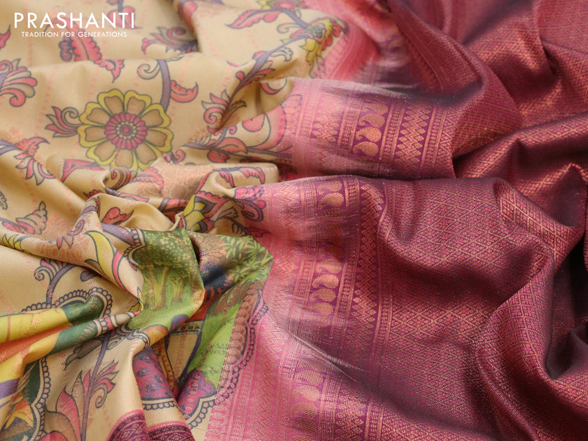 Bangalori silk saree beige and wine shade with allover kalamkari prints & zari weaves and long zari woven border