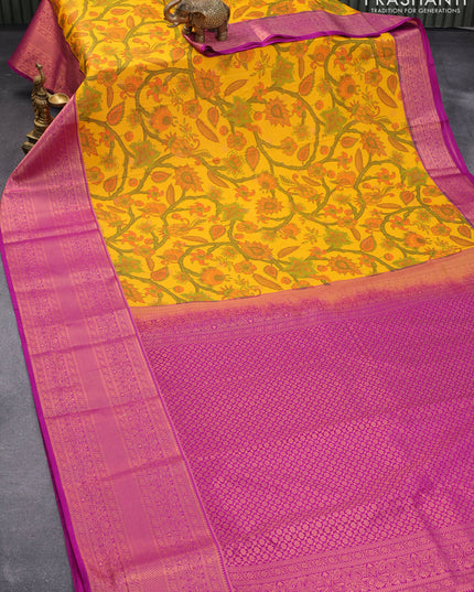 Bangalori silk saree mango yellow and purple with allover kalamkari prints & zari weaves and long zari woven border