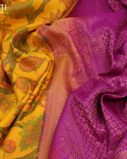 Bangalori silk saree mango yellow and purple with allover kalamkari prints & zari weaves and long zari woven border
