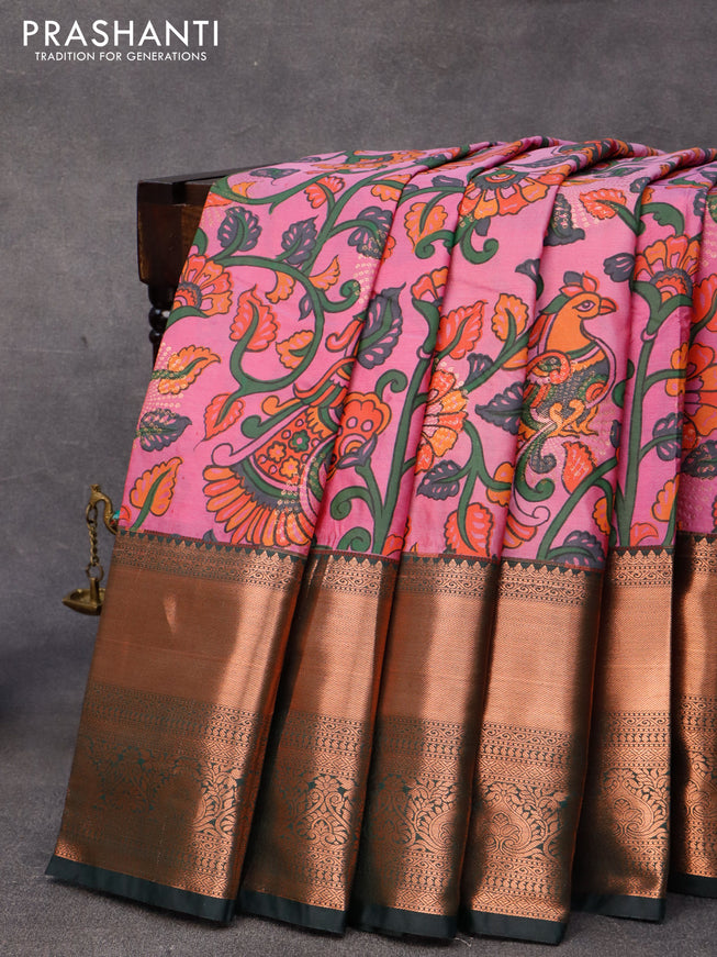 Bangalori silk saree lavender and dark bottle green with allover kalamkari prints & copper zari woven buttas and copper long zari woven border