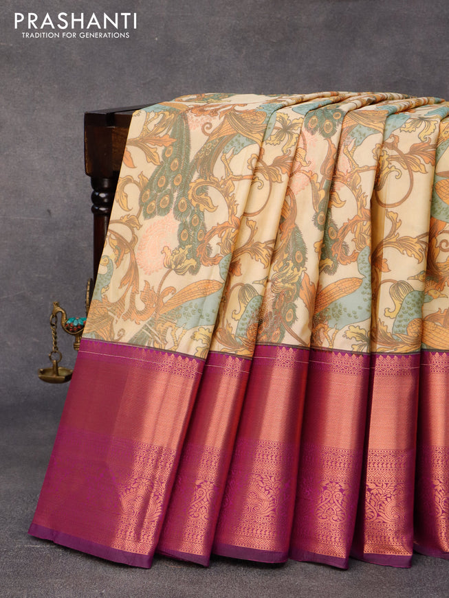 Bangalori silk saree cream and purple with allover kalamkari prints & copper zari woven buttas and copper long zari woven border