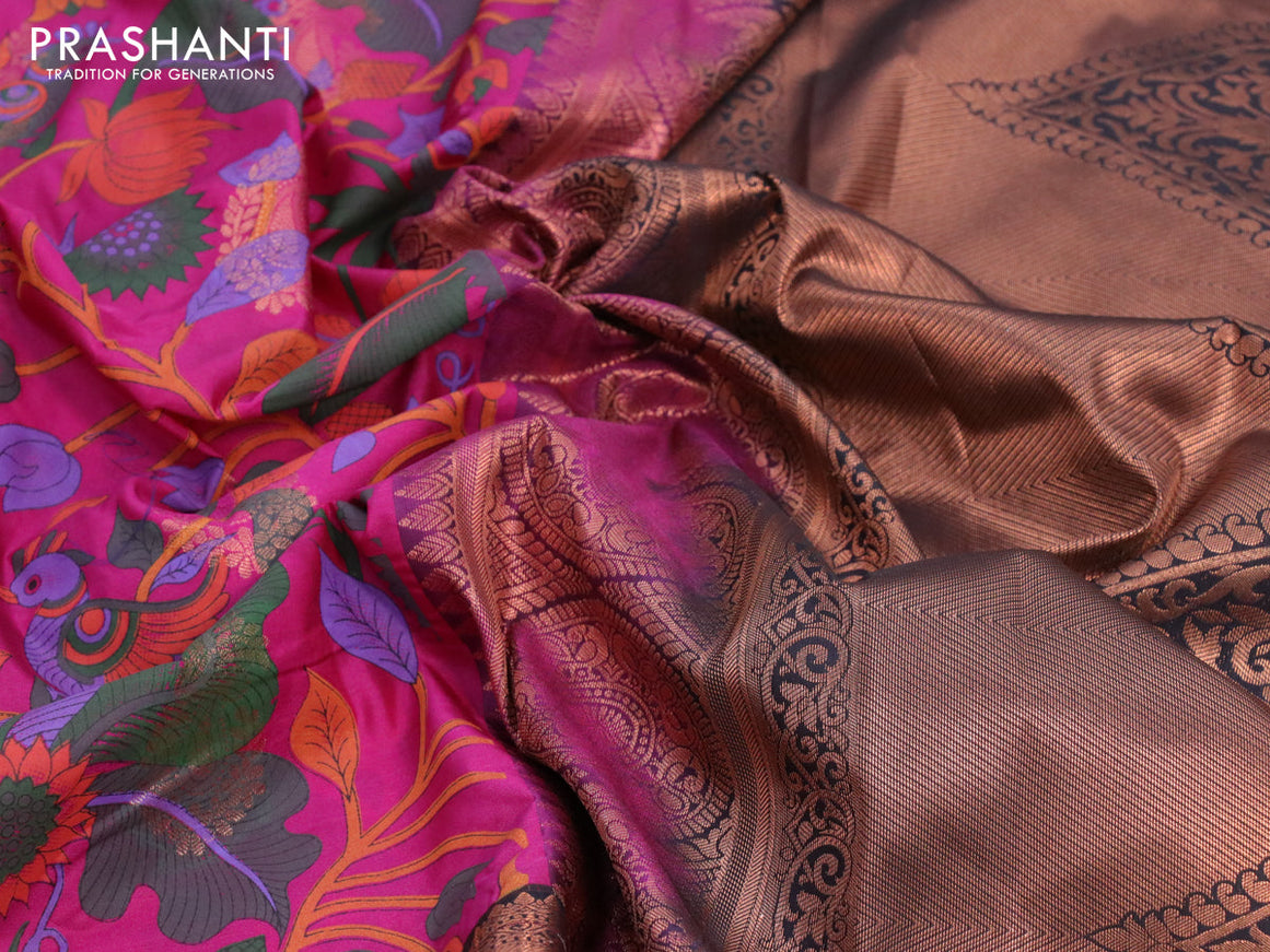 Bangalori silk saree magenta pink and black with allover kalamkari prints & copper zari woven buttas and copper long zari woven border