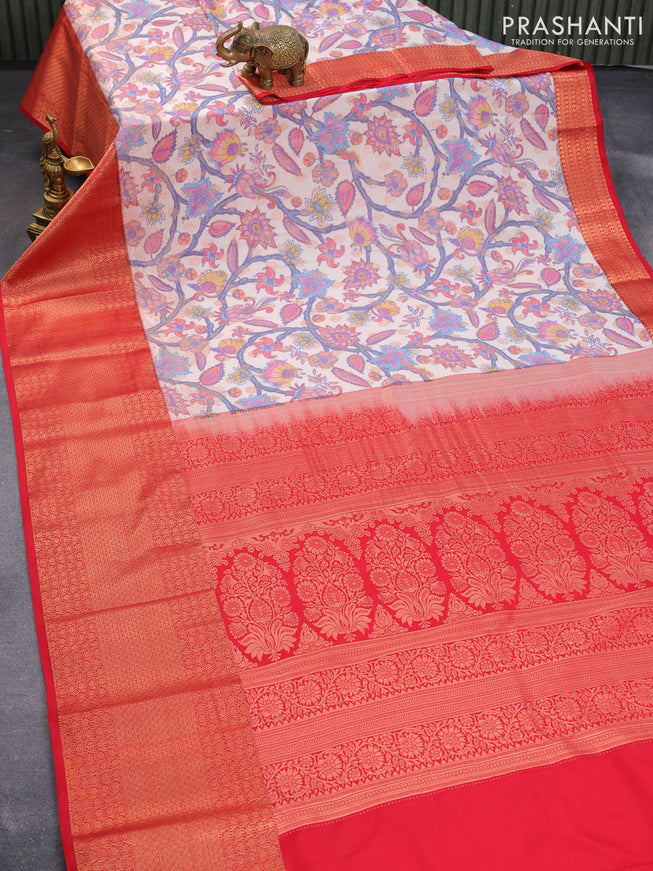 Bangalori silk saree cream and red with allover kalamkari prints & copper zari weaves and copper long zari woven border