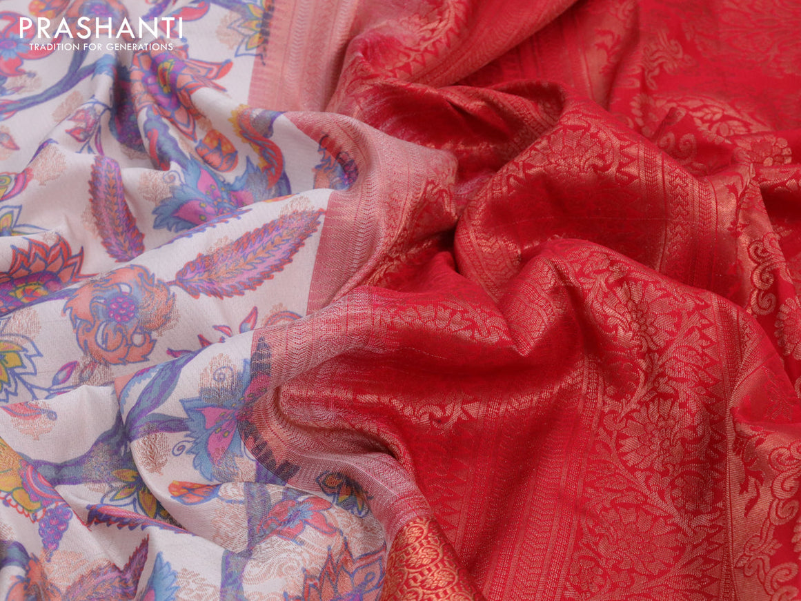 Bangalori silk saree cream and red with allover kalamkari prints & copper zari weaves and copper long zari woven border