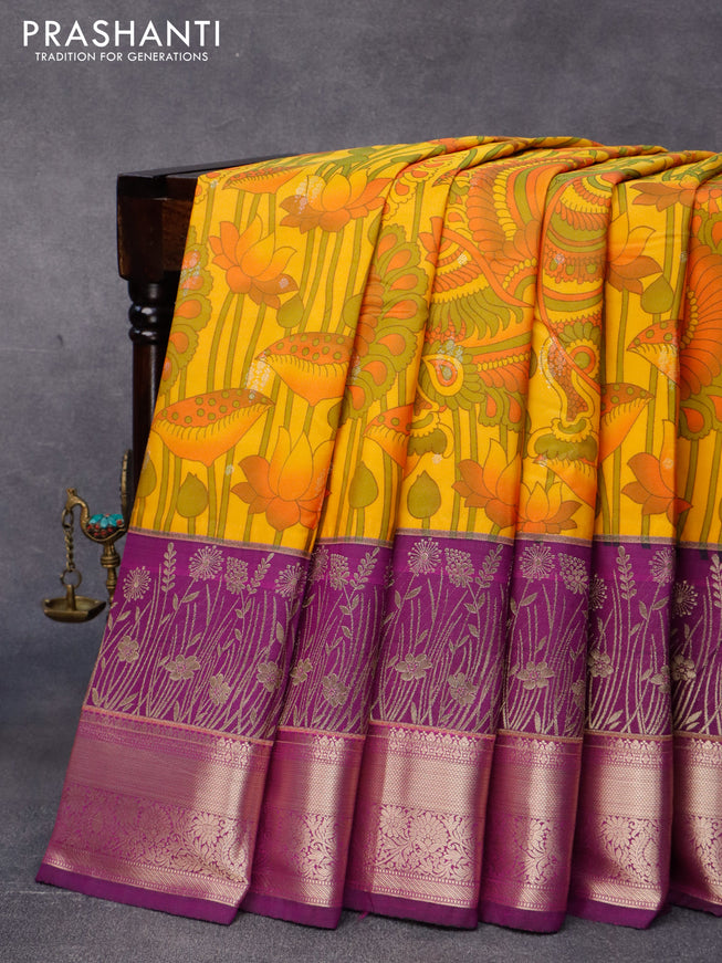 Bangalori silk saree mango yellow and purple with allover kalamkari prints & copper zari woven buttas and zari woven border