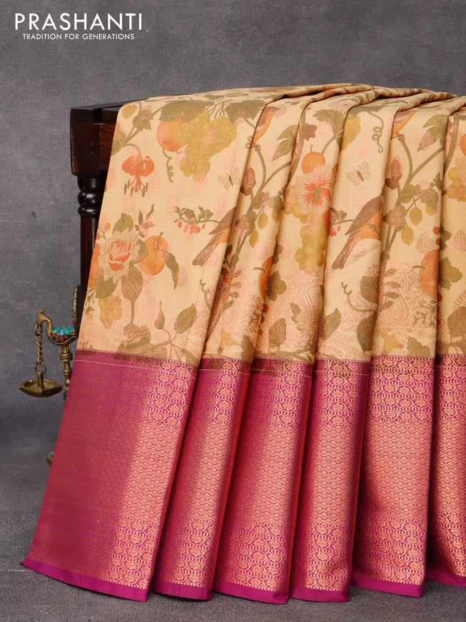 Bangalori silk saree beige and purple with allover kalamkari prints & copper zari weaves and copper long zari woven border