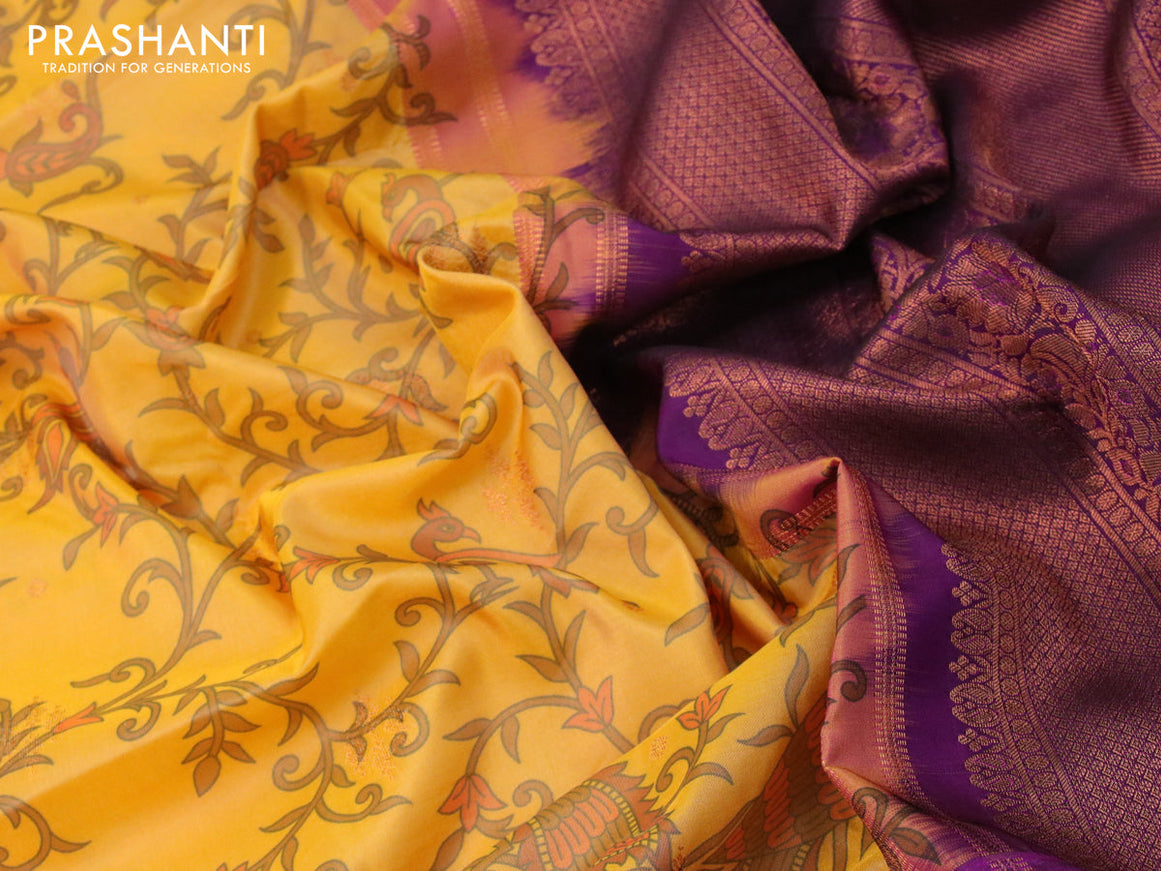 Bangalori silk saree mango yellow and purple with allover kalamkari prints & copper zari woven buttas and copper long zari woven border