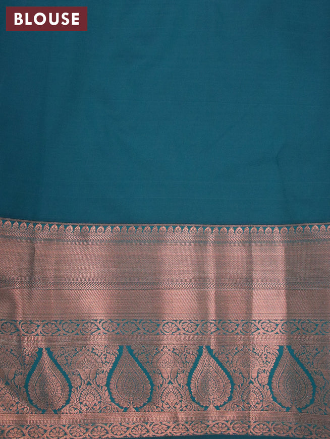 Bangalori silk saree peach orange and peacock green with allover kalamkari prints & copper zari woven buttas and copper long zari woven border