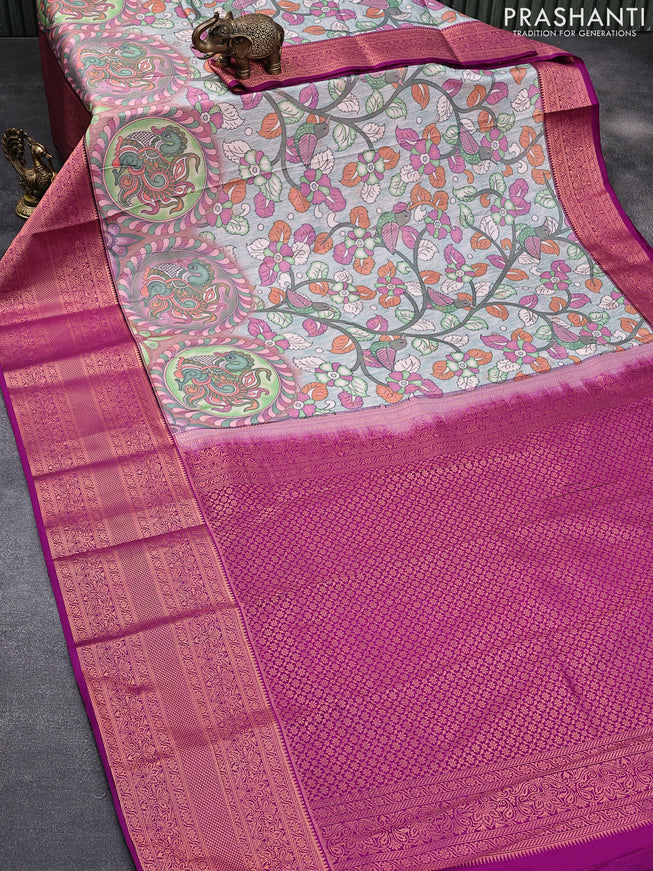 Bangalori silk saree grey shade and purple with allover kalamkari prints & zari weaves and long zari woven border