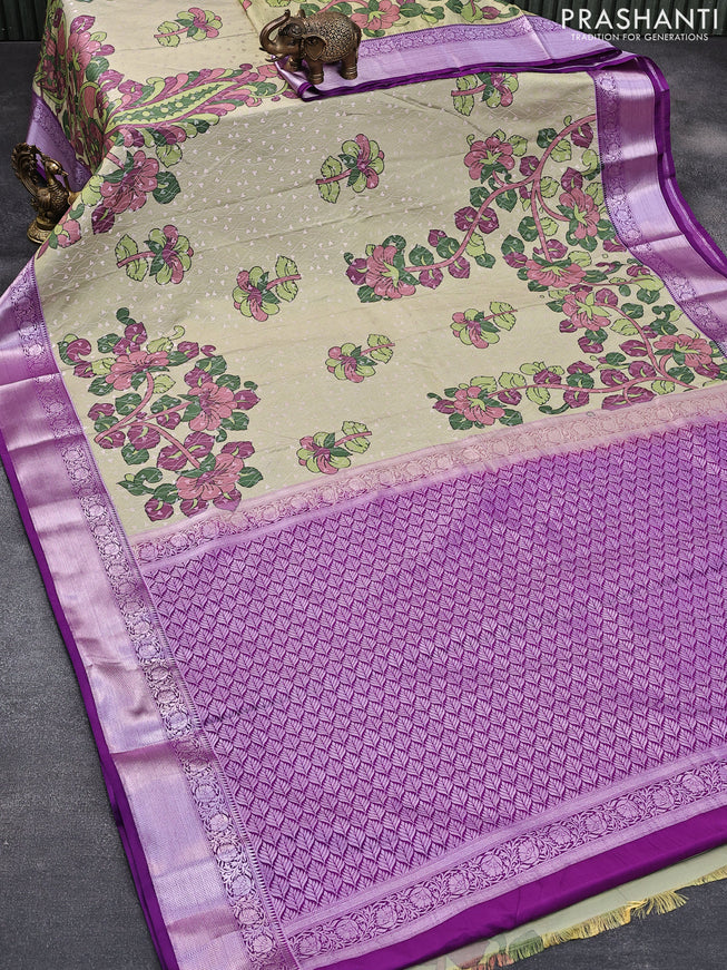 Bangalori silk saree elaichi green and violet with allover kalamkari prints & zari weaves and zari woven border
