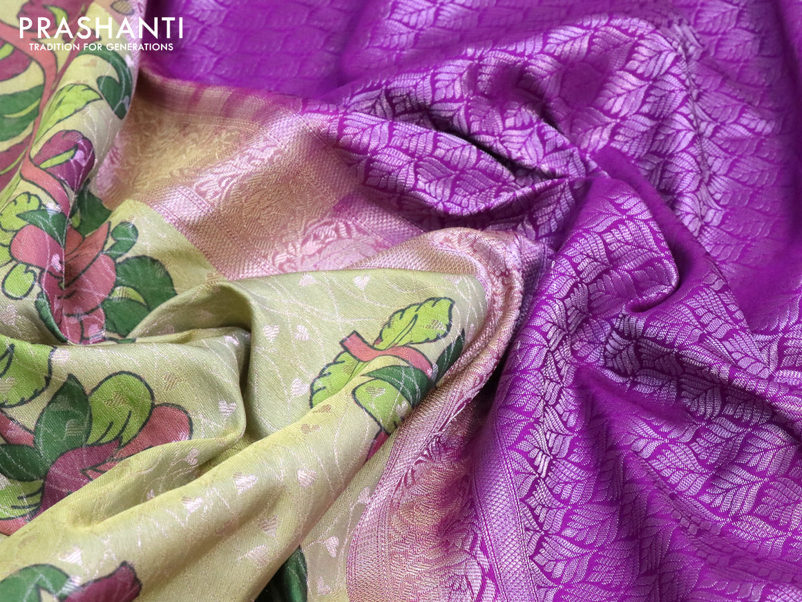 Bangalori silk saree elaichi green and violet with allover kalamkari prints & zari weaves and zari woven border