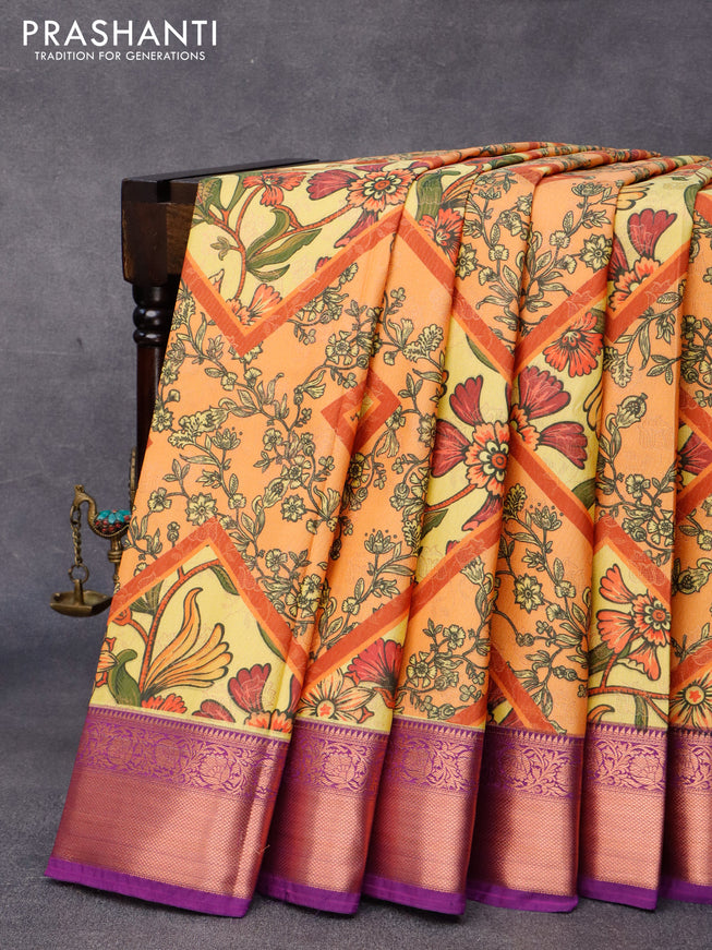 Bangalori silk saree orange yellow and violet with allover kalamkari prints & zari weaves and zari woven border