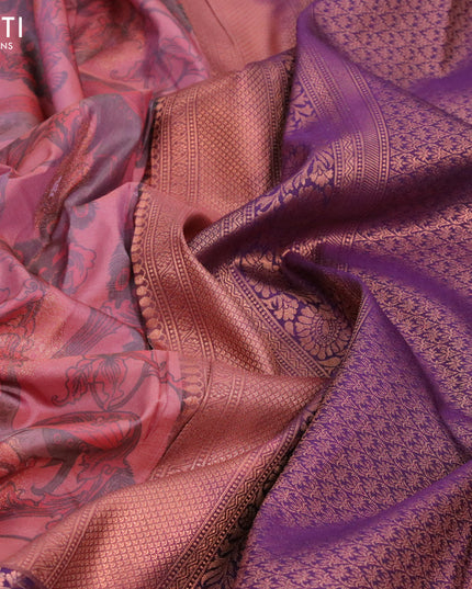 Bangalori silk saree pastel pink shade and deep violet with allover kalamkari prints & copper zari woven buttas and long copper zari woven border