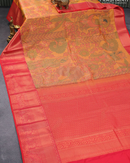 Bangalori silk saree dual shade of mustard yellow and red with allover kalamkari prints & copper zari woven buttas and long copper zari woven border