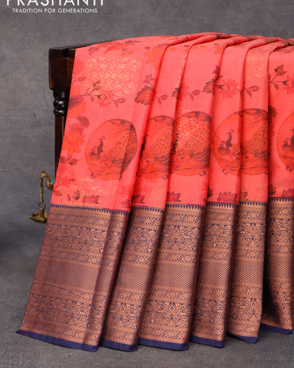 Bangalori silk saree pink and dark navy blue with allover kalamkari prints & copper zari weaves and long copper zari woven border