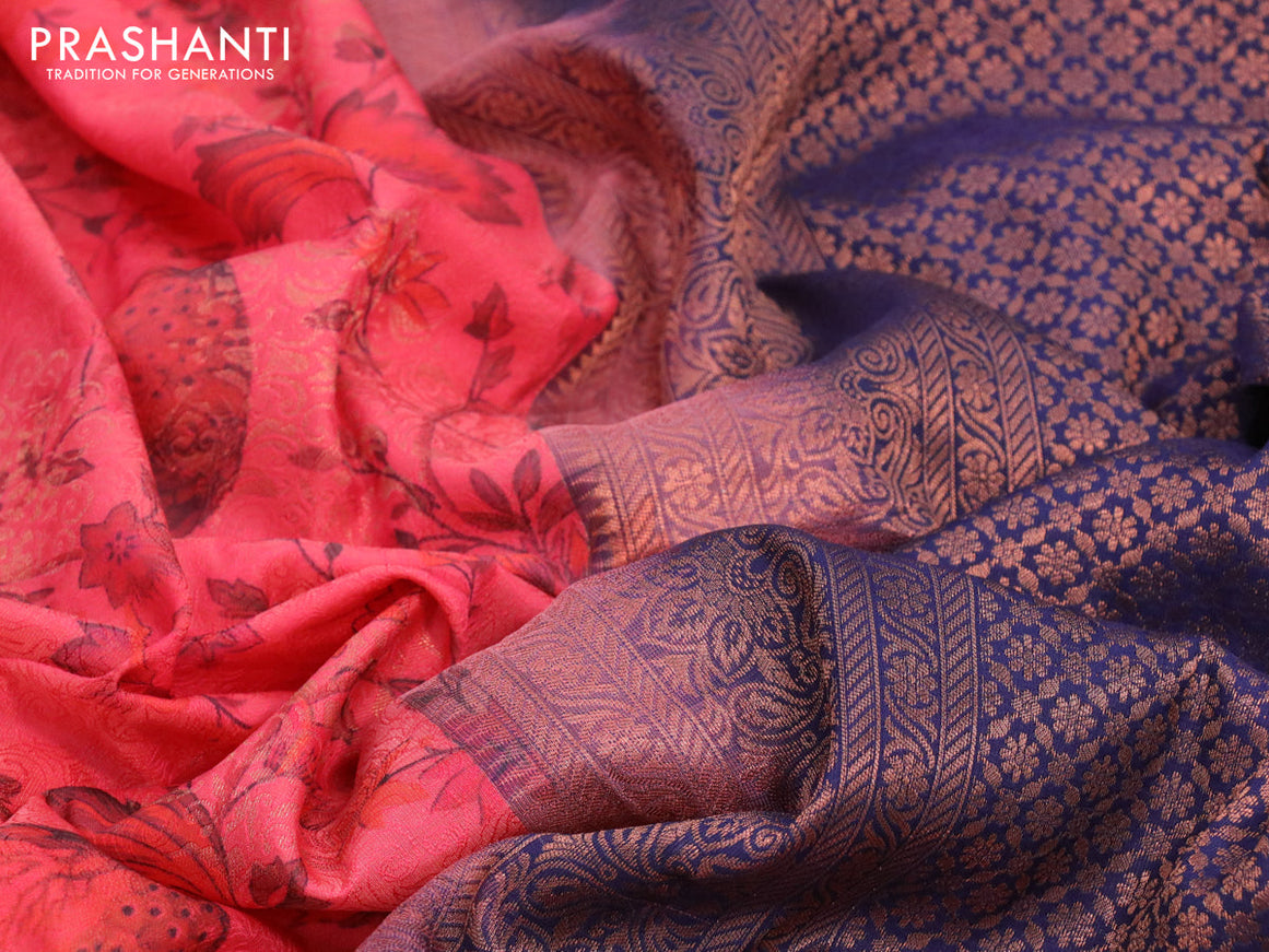 Bangalori silk saree pink and dark navy blue with allover kalamkari prints & copper zari weaves and long copper zari woven border