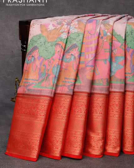 Bangalori silk saree pastel pink shade and red with allover kalamkari prints & copper zari weaves and long copper zari woven border