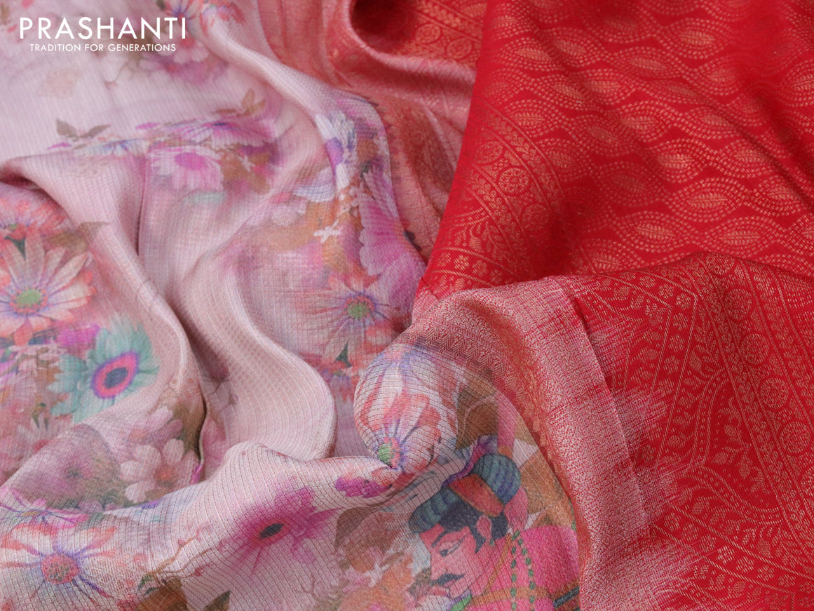 Bangalori silk saree pastel pink shade and red with allover kalamkari prints & copper zari weaves and long copper zari woven border
