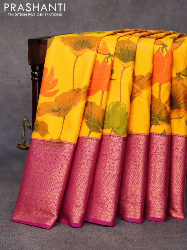 Bangalori silk saree mango yellow and purple with allover kalamkari prints & copper zari weaves and long copper zari woven border
